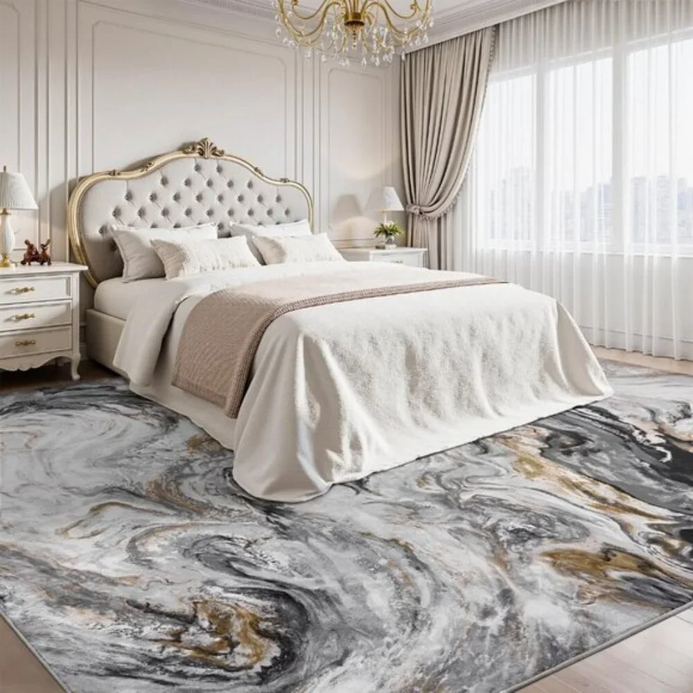 New 5x7 Black & Grey Marble Rug. Ultra-Soft, Washable, Non-Slip, Modern Carpet - Picture 2 of 7